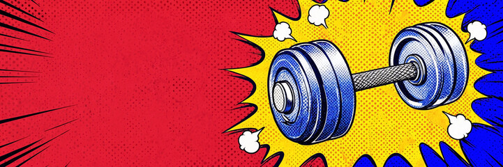 Fototapeta premium Blue barbell with weight plates appears in a bold comic style against a yellow, red, and blue burst background, suggesting strength and fitness.
