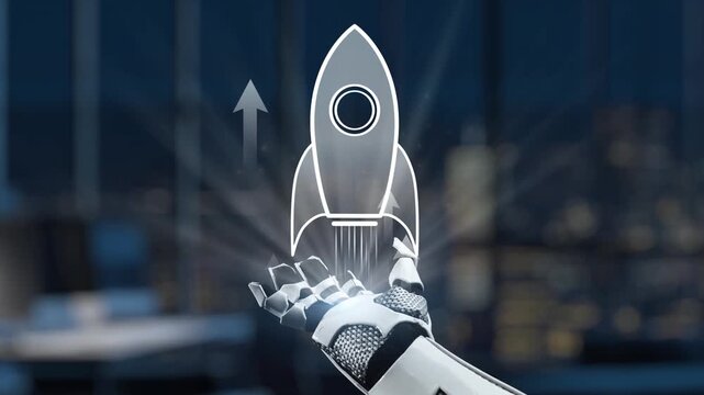 A futuristic robotic hand holds a digital rocket, symbolizing innovation and technology growth within a modern workspace, inspiring ideas and success. Synapse