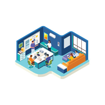 Isometric Education Concept, Classroom Lesson on Whiteboard with Students Studying