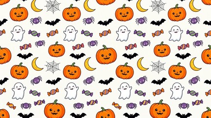 Fototapeta premium Cute hand-drawn seamless Halloween pattern featuring pumpkins, ghosts, bats, and candy on a plain white background