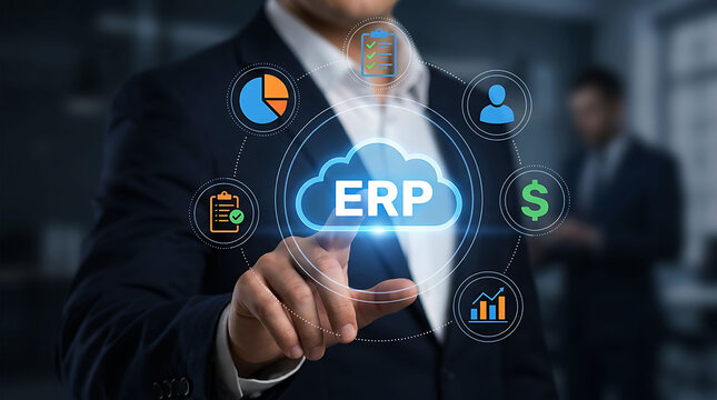 Businessman interacting with cloud ERP software system interface hologram graphic