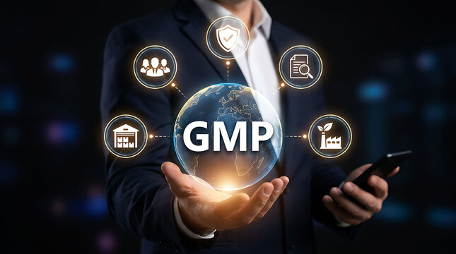 Businessman holding glowing globe with GMP acronym and manufacturing icons