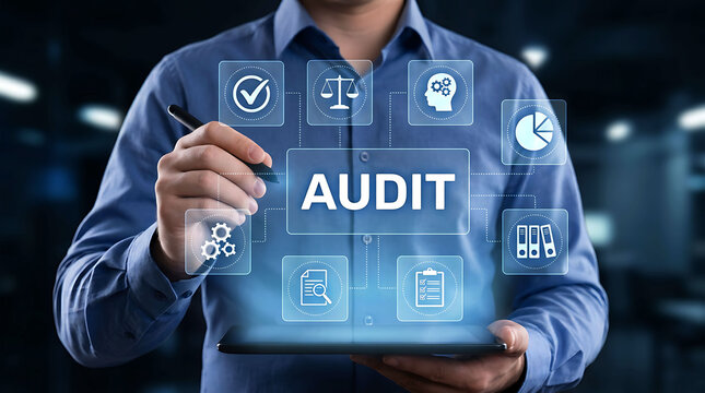 Professional auditor interacting with a glowing digital audit workflow interface