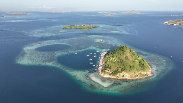 Aerial view of the natural scenery of the coral atolls in East Nusa Tenggara, Komodo, Indonesia