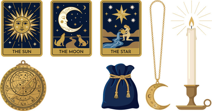 Mystical Tarot Cards Vector Icon Set featuring Sun Moon Star Magic Astrolabe Candle and Witchcraft Elements for Spiritual Astrology Designs
