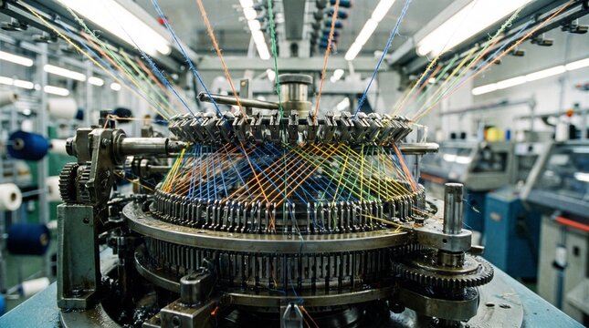Industrial textile knitting machine working with colorful threads in a factory