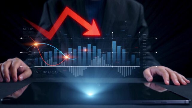 Economic caution visualized with fluctuating market graph, alert symbols, and negative data trends. Represents financial risk, market volatility, and economic uncertainty. Elide