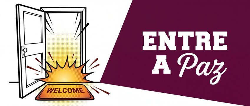 Open door welcome sign banner featuring Entre a Paz Spanish text, comic book style illustration with a glowing yellow light burst over a doormat and purple background representing inner peace.