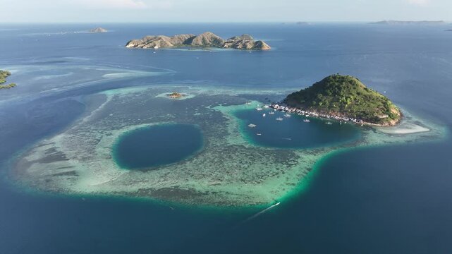 Aerial view of the natural scenery of the coral atolls in East Nusa Tenggara, Komodo, Indonesia
