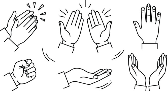 Clapping hands applause vector line art collection with high five fist cupped hand and open palm gesture illustration
