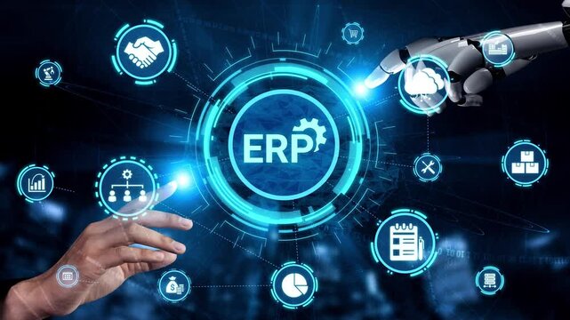 ERP icons show management, integration, and business process. ERP supports data management, ERP efficiency, and ERP organizational solutions. Funnel