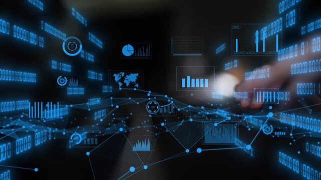A visually striking display of blue digital charts and graphs highlights data analysis in a modern workspace. Hands interact with technology, showcasing insights. Xenic