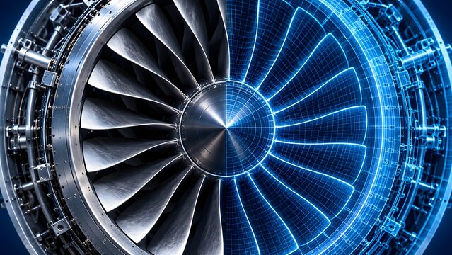 Aircraft jet engine fan blades transitioning into glowing blue blueprint grid representing aerospace engineering and virtual prototype simulation