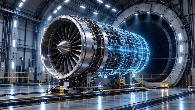 Aircraft jet engine with digital wireframe overlay inside testing facility representing aerodynamic simulation and aerospace research