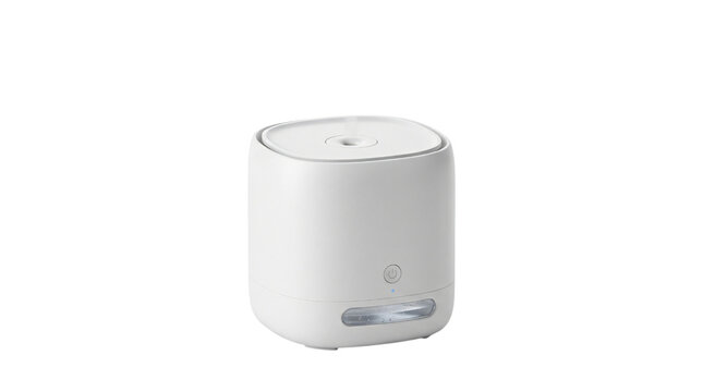 Minimalist white air humidifier and essential oil diffuser, modern ultrasonic cool mist aroma machine, sleek home wellness appliance on white background