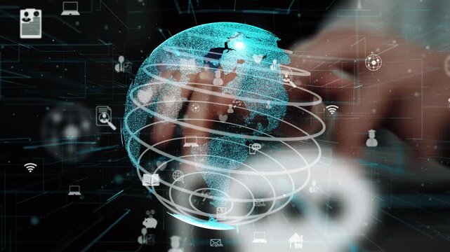 Futuristic digital globe showcasing interconnected icons representing technology and communication, highlighting the importance of global networking in the modern world. Xenic