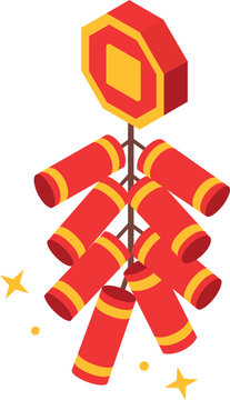 Isometric Lunar New Year firecracker illustration featuring a traditional hanging red firecracker decoration with festive details, commonly associated with celebration, luck, prosperity and holiday ev