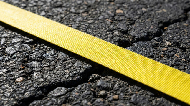 Asphalt road work planning with yellow caution tape marking damaged pavement and cracked surface under bright daylight