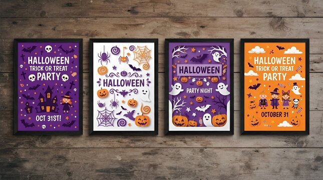 Happy Halloween party posters set with night clouds and pumpkins in paper cut style. Vector illustration. Full moon, witch cauldron, spiders web and flying bat. Place for text. Brochure background