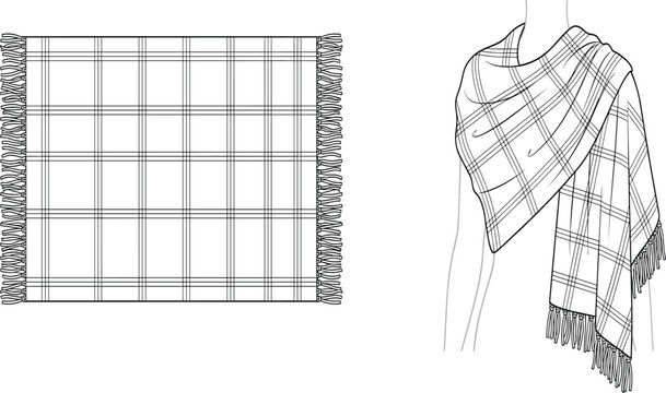 Plaid blanket scarf vector fashion sketch with fringe and draped view