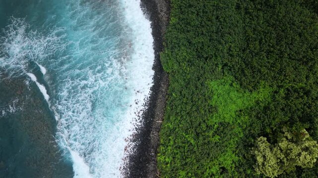 Aerial top down view of turquoise ocean waves breaking into white foam along black volcanic rock shoreline bordered by dense green rainforest canopy in Maui Hawaii USA on a bright day.