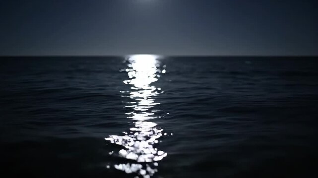 Moonlit Ocean Path: A shimmering path of moonlight reflects across the calm, dark ocean surface, creating a serene and tranquil scene under the night sky.
