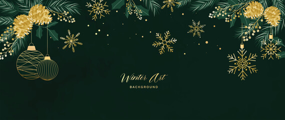 Obraz premium Christmas background vector with dark green luxury design, golden ornaments, snowflakes and festive hanging decorations