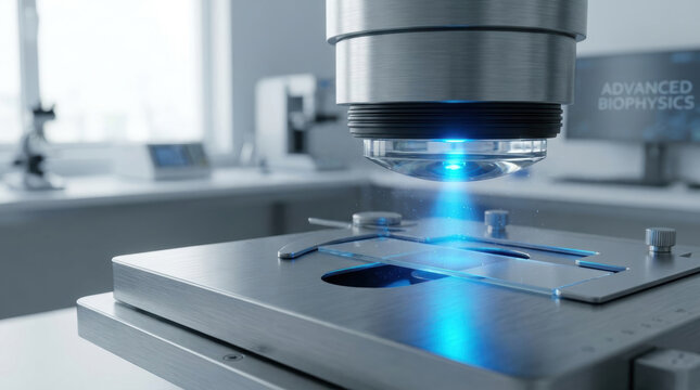 Antimicrobial resistance research laboratory uses advanced microscopy for scientific analysis and glowing blue illumination across sterile metal