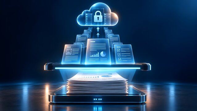Cloud storage security concept digitizing paper documents into encrypted virtual servers