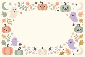 Obraz premium Cute Halloween Pumpkins Ghosts and Leaves Border Frame