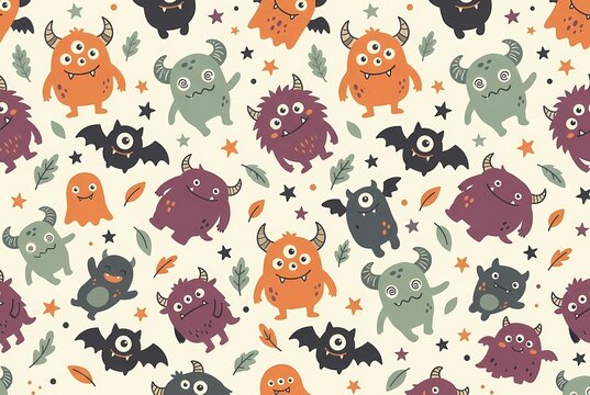Cute Halloween Monster Pattern with Bats and Leaves