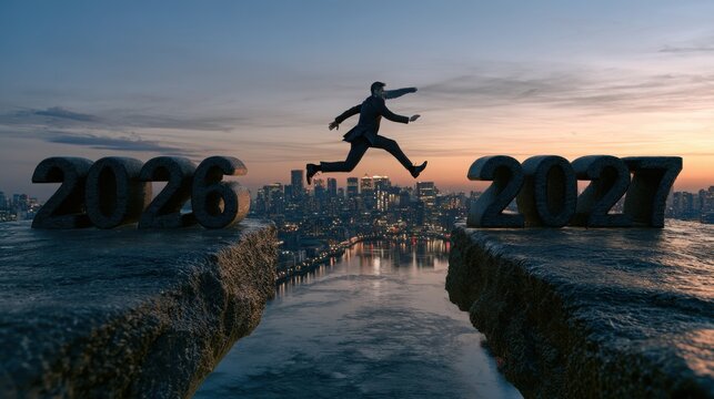 Businessman jumping over gap between 2026 and 2027 years at sunset city skyline