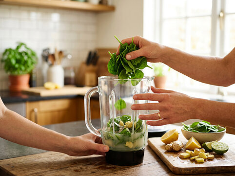 Close up of hands adding fresh green spinach leaves into a glass blender to make a healthy vegetable smoothie drink in a kitchen