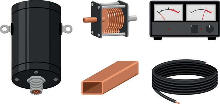 Amateur Ham Radio Antenna Builder Component Vector Set Featuring Balun Variable Capacitor SWR Meter Copper Tube and Coaxial Cable