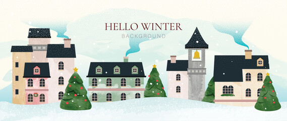 Obraz premium Hello winter village background vector with snowy European houses, Christmas trees and pastel mountains for seasonal greeting card
