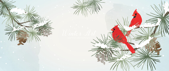 Obraz premium Winter botanical background vector with red cardinal bird, pine branches and soft watercolor foliage on elegant cream seasonal design