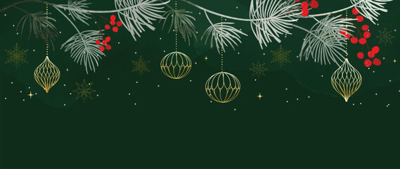 Plakat Merry Christmas background vector with dark green botanical border, red berries, golden ornaments and elegant festive decorations
