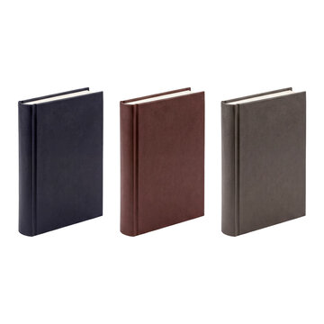 Three blank books with plain covers in dark blue, brown, and gray, standing upright on a transparent background.