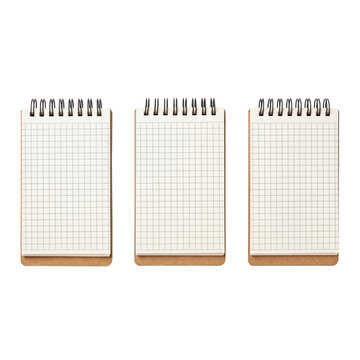 Three small spiral-bound notebooks with blank grid paper pages.