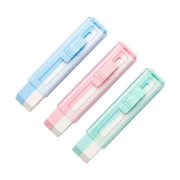 Three pastel-colored retractable erasers in blue, pink, and green, with white tips.
