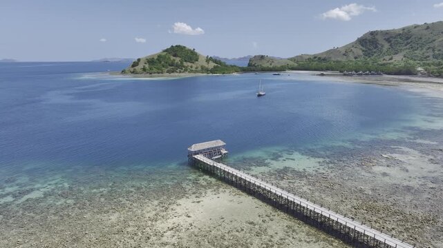 Aerial view of the natural scenery of the coral atoll and wooden trestle of Kelor Island in the East Nusa Tenggara Islands, Indonesia