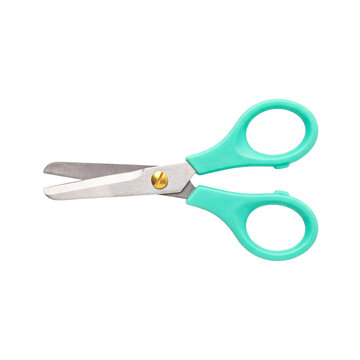 Open teal-handled scissors with shiny metal blades, a versatile tool for crafting, school, or office tasks.