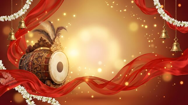 Festive golden background with traditional dhak drum and red drapes.