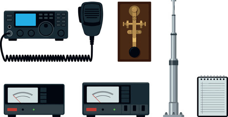 Ham Radio and Amateur Wireless Communication Vector Set Featuring Transceiver Morse Code Key SWR Meter Antenna and Logbook © monoara