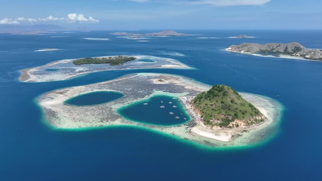 Aerial view of the natural scenery of the coral atolls in East Nusa Tenggara, Komodo, Indonesia