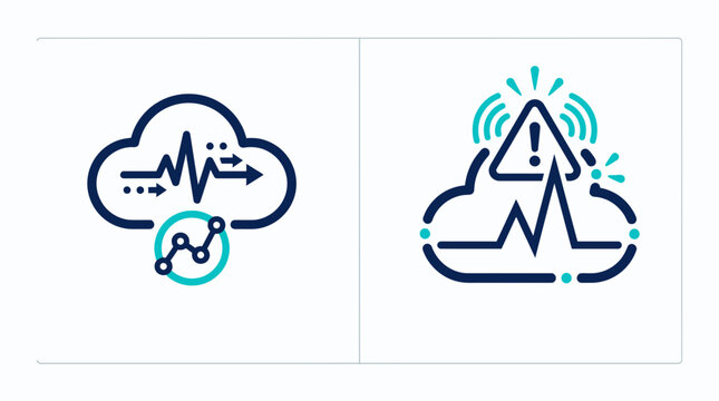 Cloud computing icons showing data analysis and network monitoring alerts with cloud analytics alert system cloud performance warning icon data chart