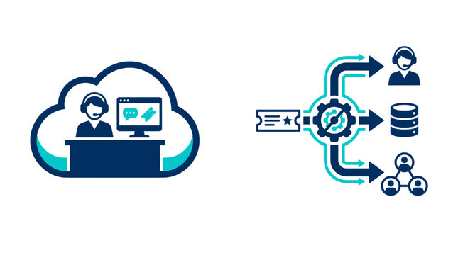 Cloud customer support and service ticket distribution system icons with cloud services technical support help desk it support ticket routing cloud computin