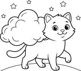 Fototapeta premium Cute cartoon cat walking with a fluffy cloud above its back