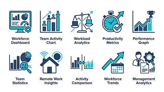 Set of ten vector business analytics and productivity flat icons with analytics productivity dashboard workforce statistics business performance strategy