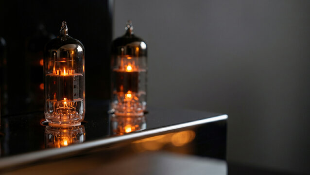Vacuum tubes glowing on amplifier in dark room, showcasing vintage audio technology with warm ambiance.